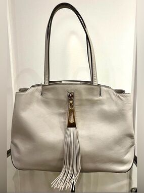 Brian Atwood Leather Tote Grey Beige, Tassel, Pink Lining Gold Hardware Designer